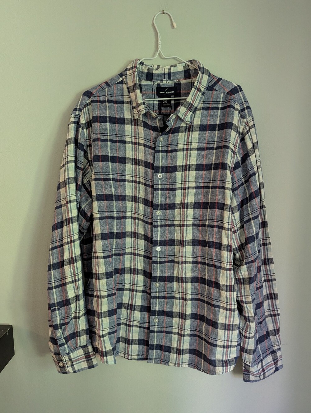 NEW DANIEL HECHTER Paris Men's XXL Plaid Long Sleeve Linen Blend Button Up NWT